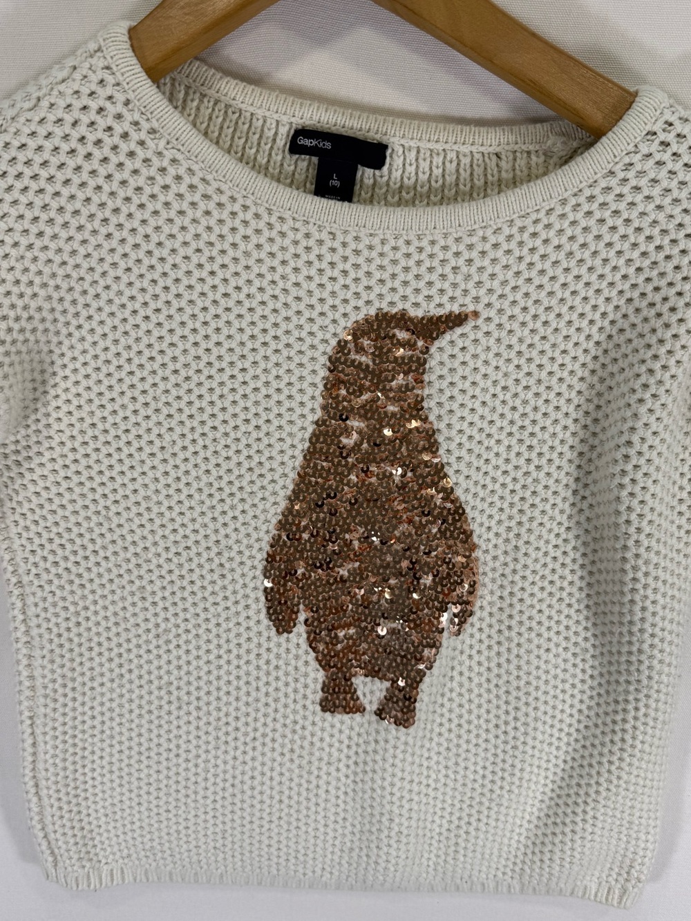 GAP Cream Sweater with Rose Gold Sequin Penguin